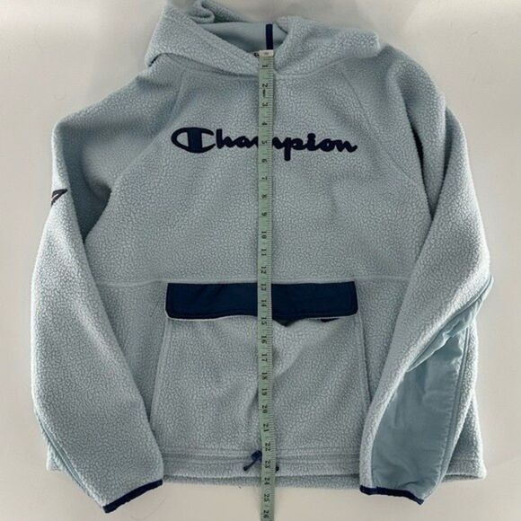 Women's Champion Logo Sherpa Fleece Hooded Pullover Sweater Light Blue XL - Picture 8 of 10